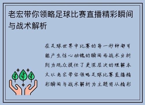 老宏带你领略足球比赛直播精彩瞬间与战术解析